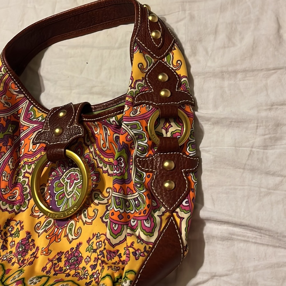 Isabella Fiore Cheerful Fabric and Leather Brass Studded Baguette Shoulder Bag - Picture 9 of 16